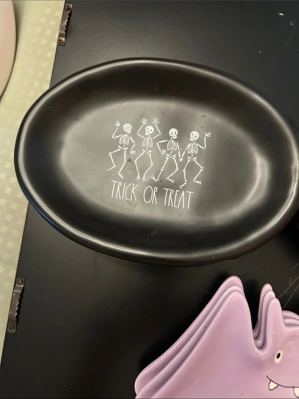 Rae Dunn Pink Bat Soon Rest or candy Holders with 6 Black Halloween Snack Plates